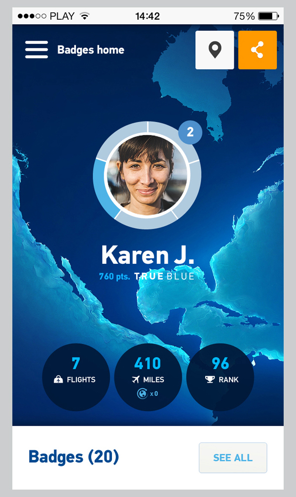Jetblue badge app plane Webdesign blue Jet gamification air lines loyalty map trueblue