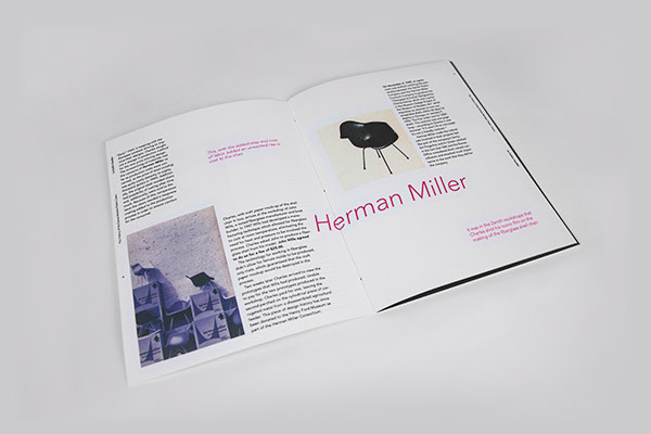 magazine EAMES chair paper thread editorial design graphic magenta grey contemperary