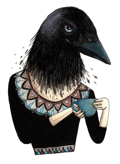 bird crow watercolor print Ethnic Coffee Reading books Wildwood