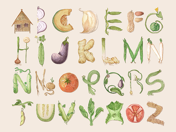 letters alphabets bahay kubo watercolor vegetables