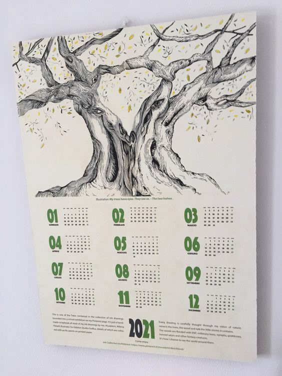 acrylic paints calendar environment graphic design  hand made ink drawing Nature new year olive tree Pantone 2021