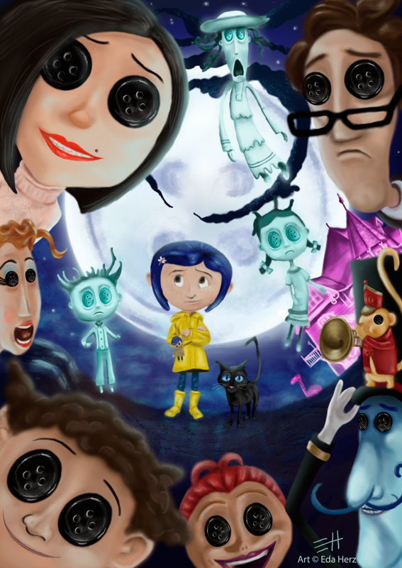 Coraline neil gaiman henry selick stop motion art fantasy Wybie Black Cat buttons Miss Spink Miss Forcible other mother ghost children Mr Bobinsky other father
