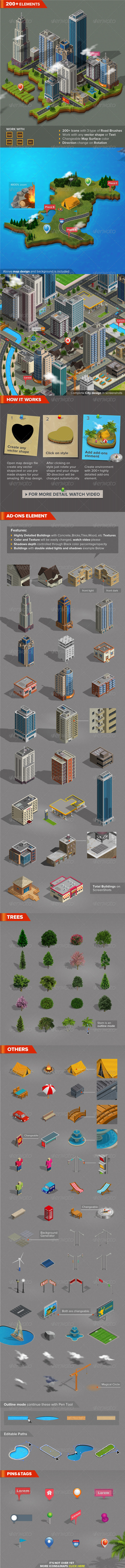 creator geographic icons infographic Isometric land Landmark map Generator buildings 3D routes continent city surface