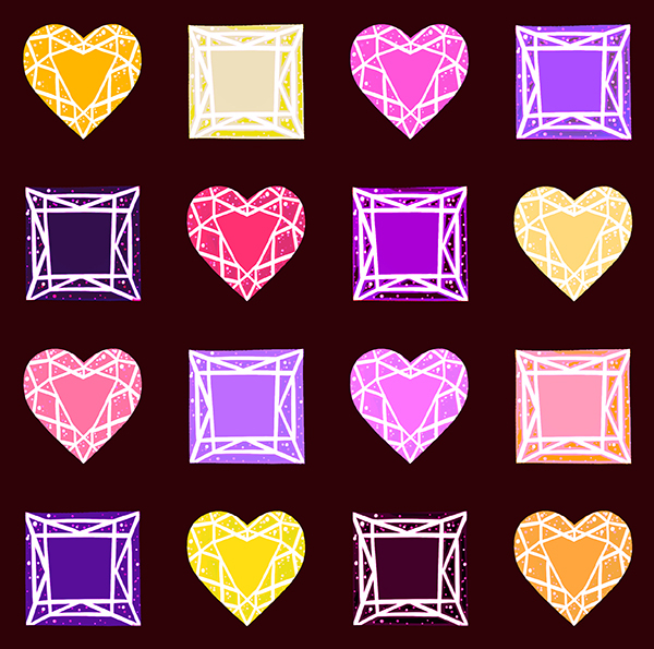 Gems gemstones pink purple black Patterns yellow blue orange brown hearts squares Princess jewelry
