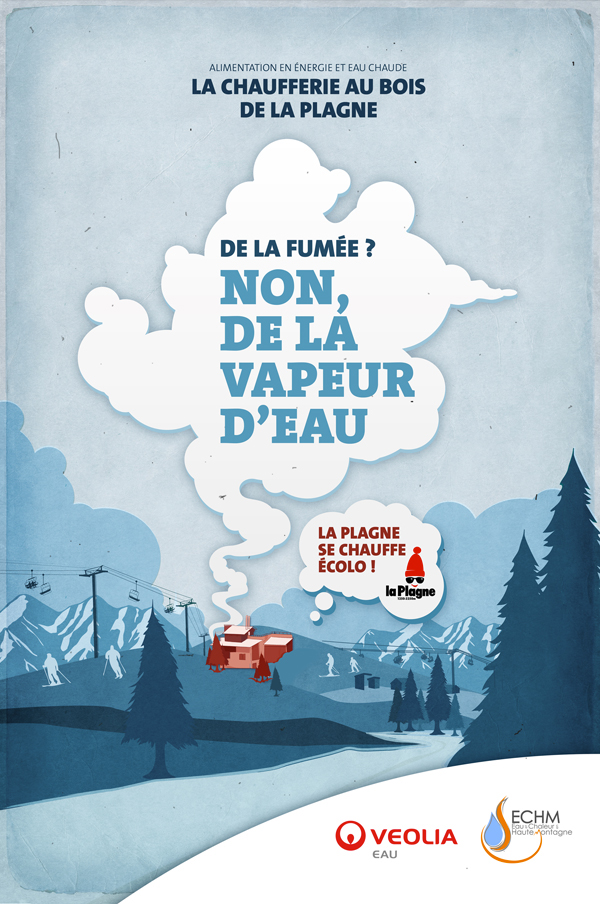 poster affiche chaufferie bois plagne hiver neige skieurs montagne fumée vapeur eau ciel paysage Landscape