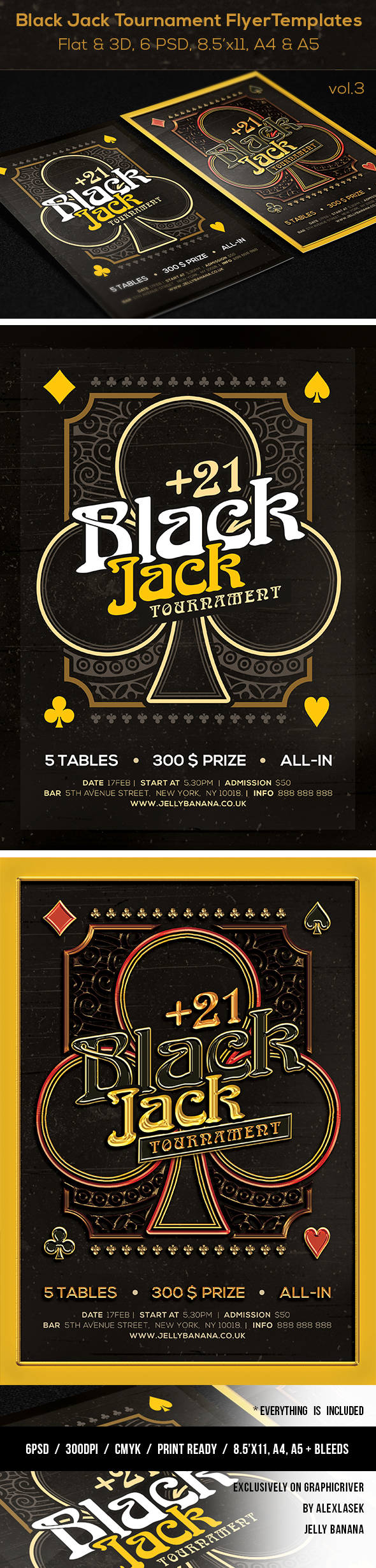 flyer template Poker Black Jack 3D flat Magazine Ad poster chips Tournament black gold