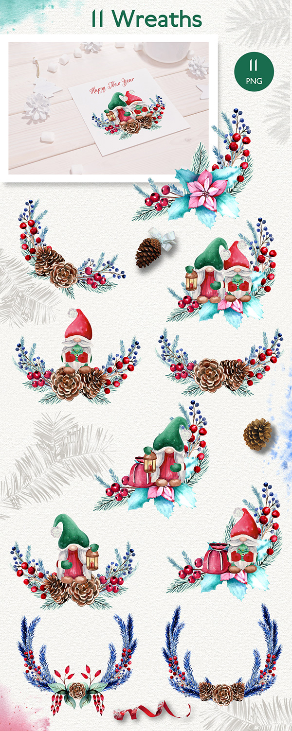 Christmas gnomes. Winter watercolor set