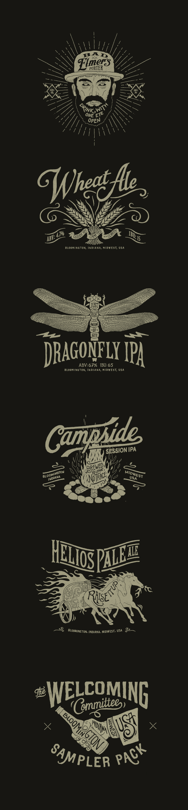 bmd design upland brewing co beer midwest hand-lettering bière usa draw dragonfly campside bad elmer's wheat ale helios parle ale Bloomington indiana