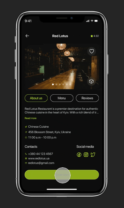 app UI/UX app design ux Mobile app restaurant reservation Booking dark mode UI