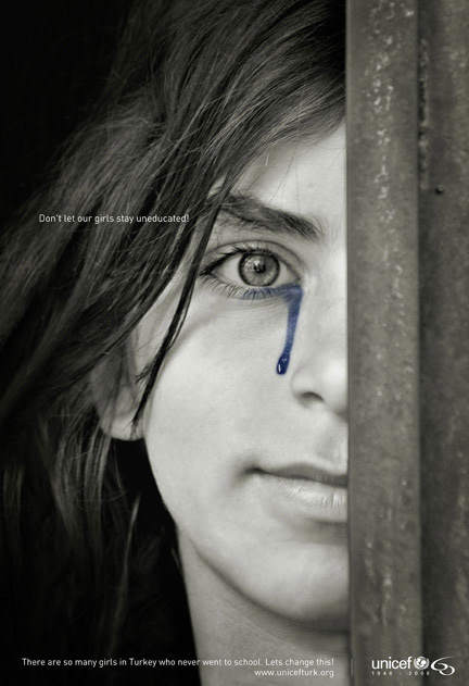 Education ads unicef girl re-touch ink Cry photo