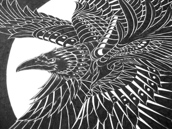 raven crow bird feather wings death benkwok bioworkz bioworkz.com black ornate pattern Flying midnight moon