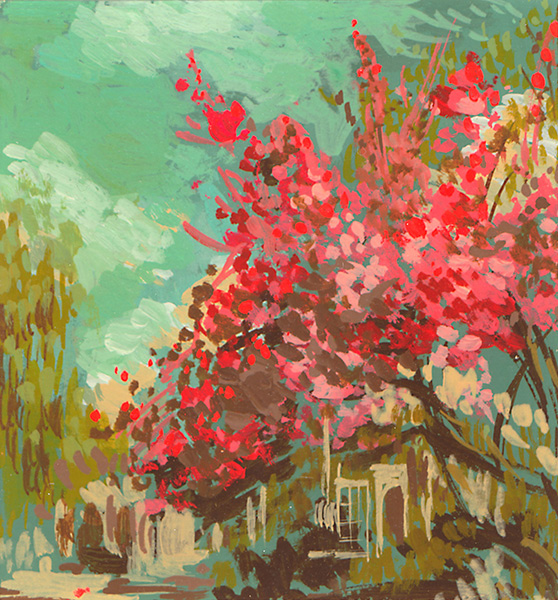 gouache Landscape Colourful  Cherry Blossom