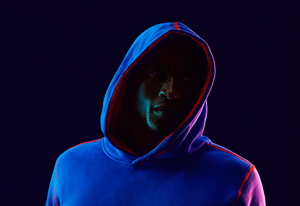 sport athlete hoodie color neon light shadow portrait portraits beauty dramatic