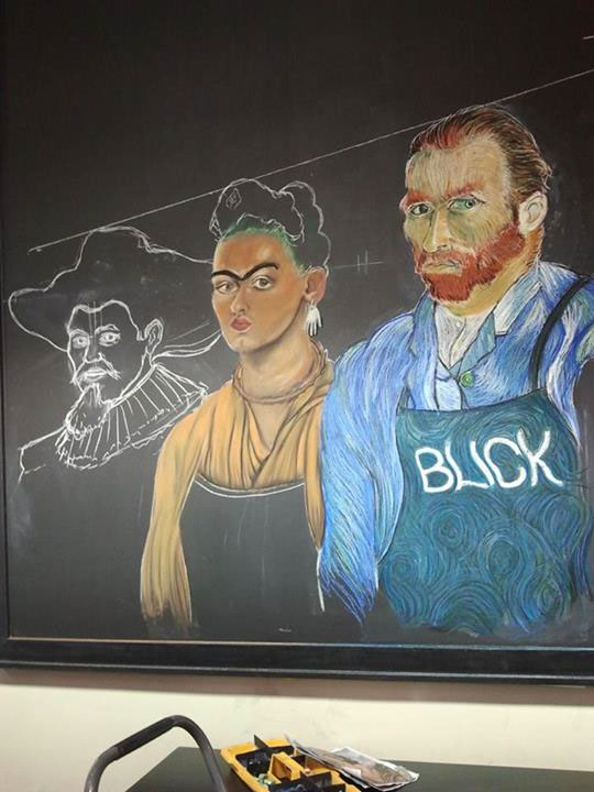 chalk pastel Mural dali seurat Frida Kahlo rene magritte sign type hand done text Picasso van gogh