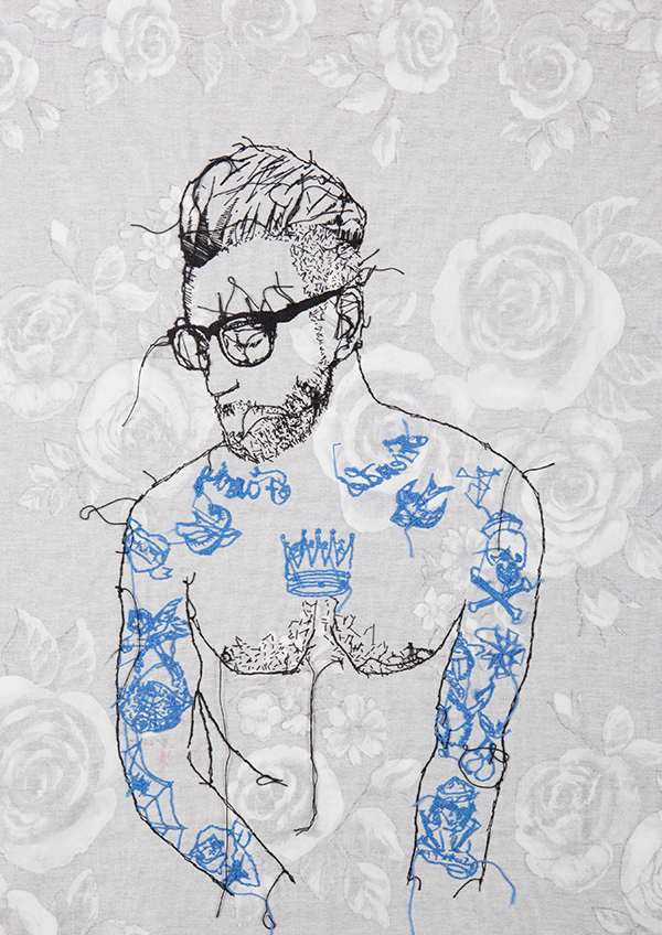 man tattoos Embroiderey stitching portrait beard glasses