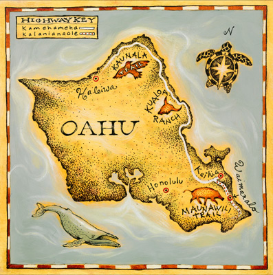 maps HAWAII Ocean sea life trails islands lettering Turtle Whale