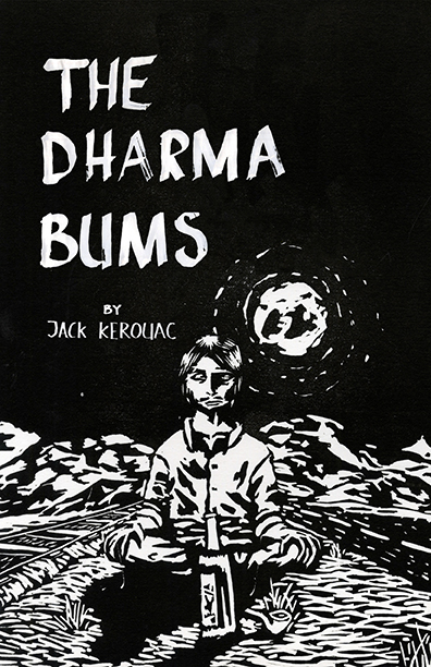 Bevin bevin richardson the dharma bums Jack Kerouac poster book cover black and white lino Printing buddhism