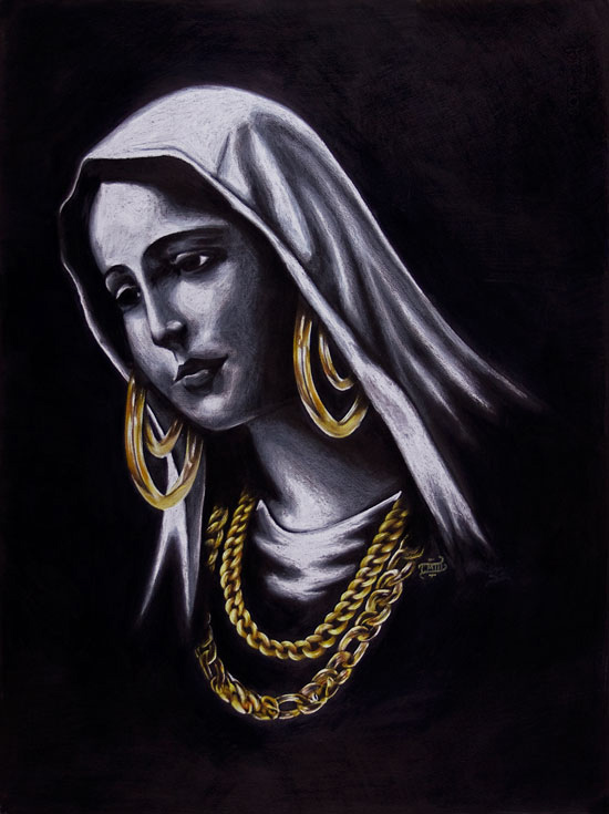 colored pencil virgin mary gold chain earings black and white