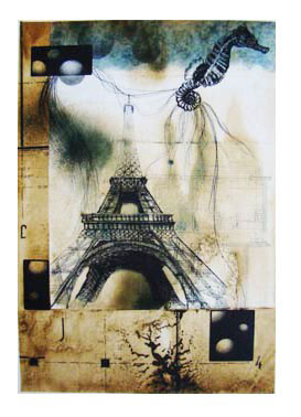 abstract hand-drawing etching lithography aquatint pisa tower eiffel tower chessboard hand Flowers merry-go-round seahorse butterfly leaf book
