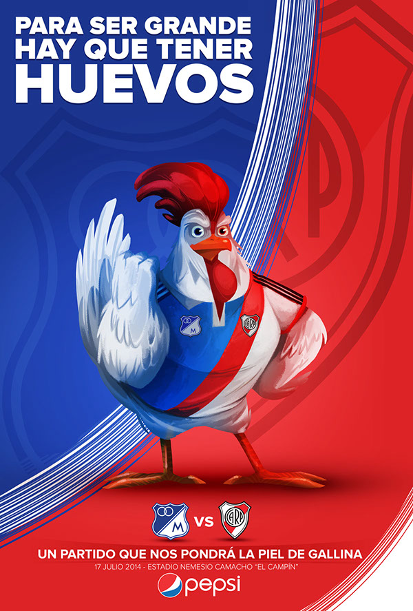 Millos river football match bogota blue red chicken gallina poule.