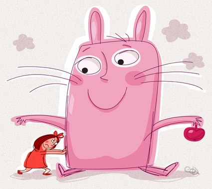 Quick digital drawing of giant pink rabbit and a girl. 