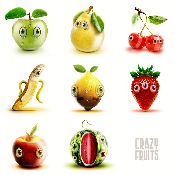 apple Pear cherry banan lemon strawberry peach watermelon fruits crazy eyes Icon Character game