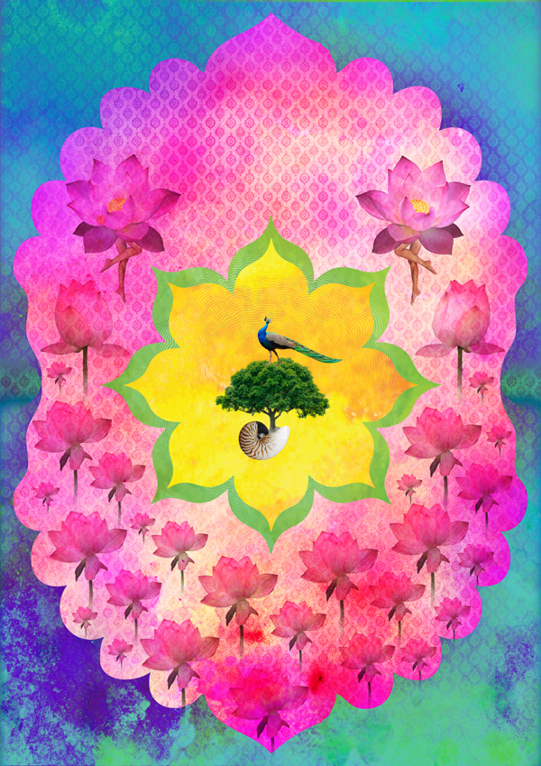 color India poster collage vintage birds animal Patterns Umbrella fish eye Flowers dream brain Beautiful