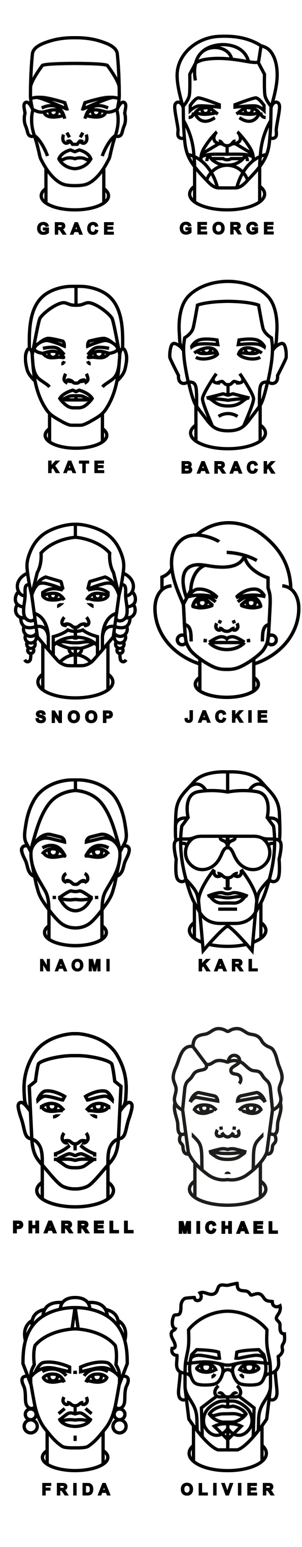 Simplified Faces black and white kate moss grace jones Snoop Dogg karl lagerfeld Naomi Campbell Jackie Kennedy Barack Obama george clooney