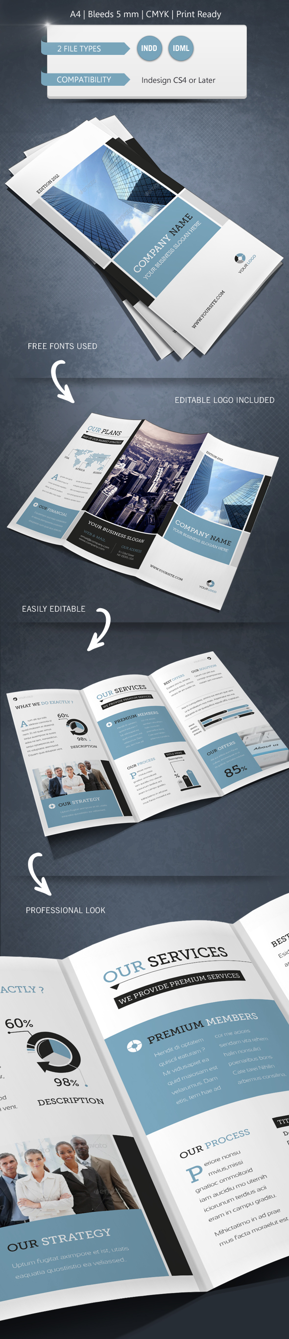 business advertisement trifold brochure blue promote design InDesign photoshop editable marketing   flyer Promotion
