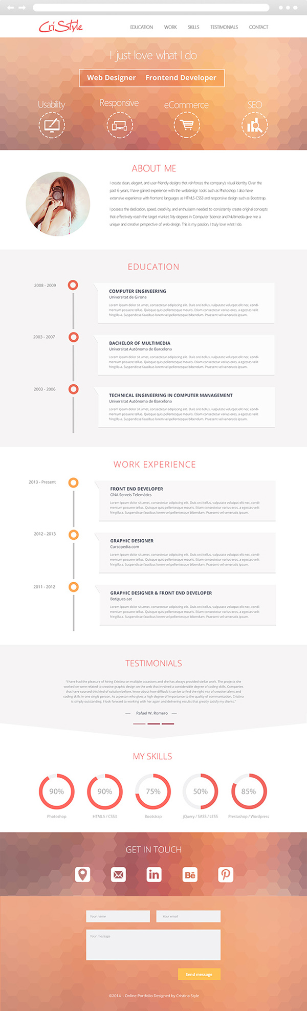 Resume Webdesign flat creative orange timeline progressbars UI One Page one page site One Page template Self Promotion Responsive Responsive Design portfolio