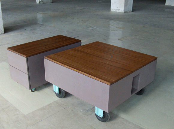 Tetrons Lijmbach Leeuw vormgeving product dutch eindhoven coffee table table storage furniture Interior wood mahogany color colour detail hardwood Playful slide table top liquor-cabinet liquor cabinet drawers bottles glasses compartments removable trays hidden underneath peculiar duo