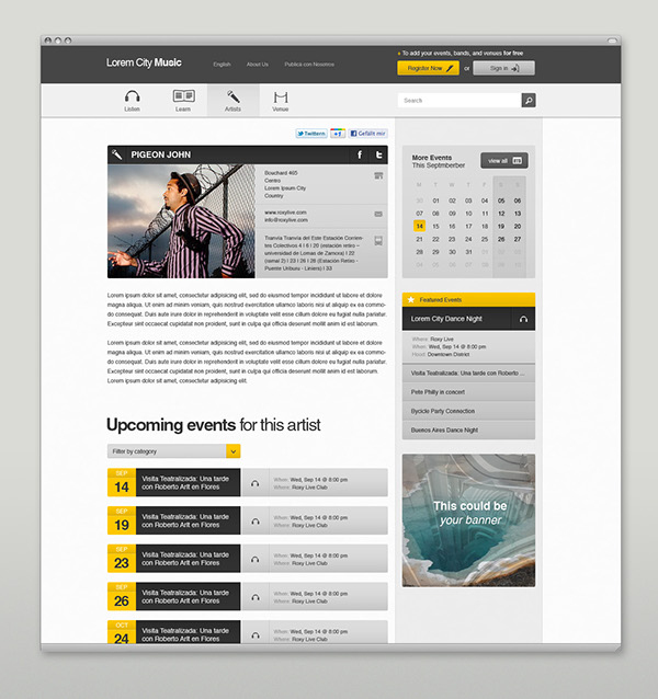 Event listing list Fluid grid yellow user interface user experience