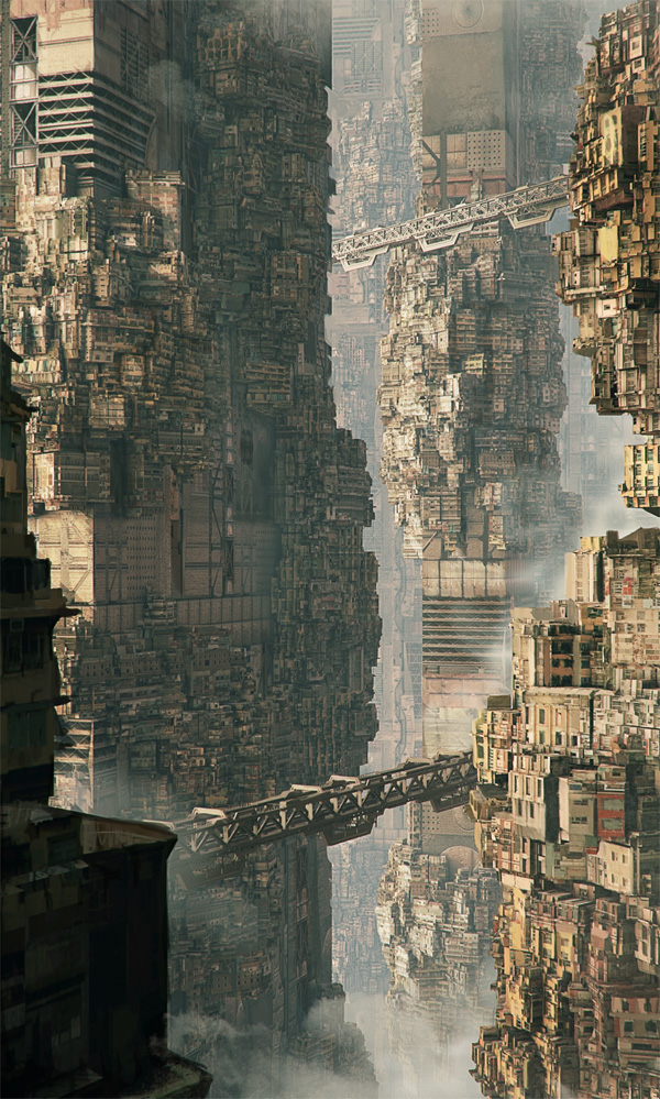 city sci-fi skyscrapers dense futuristic surreal