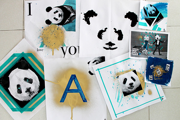 Panda  gold blue experimental Fun Love watercolor