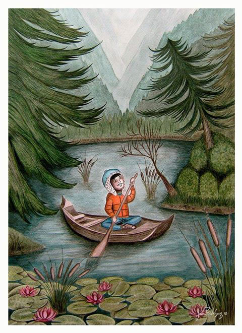 swamp trees canoe lake Montains man