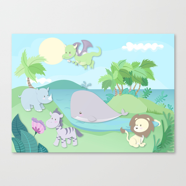 nursery baby card cute vector animals children Mural jungle cartoon lion Whale fantasy dragon