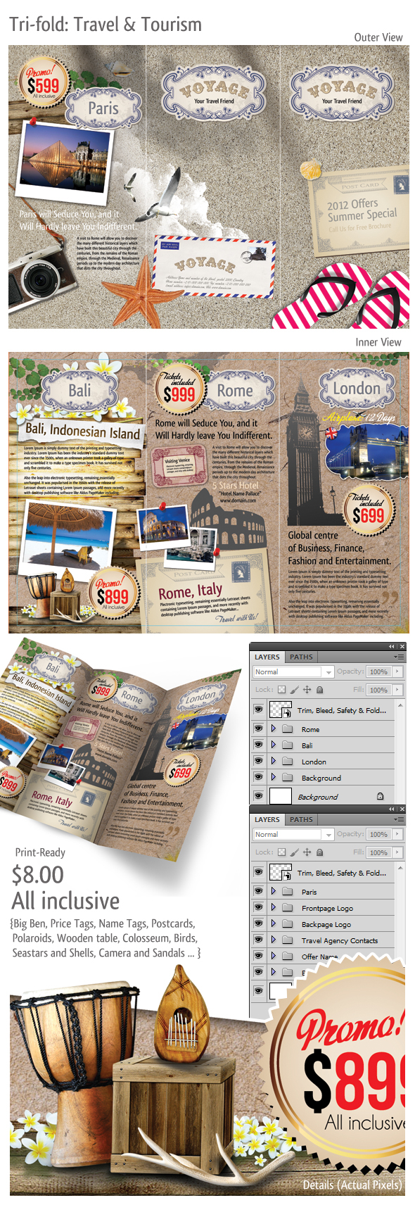 Travel toruism brochure trifold psd tourist agency voyage Paris London bali Rome airplane vacation