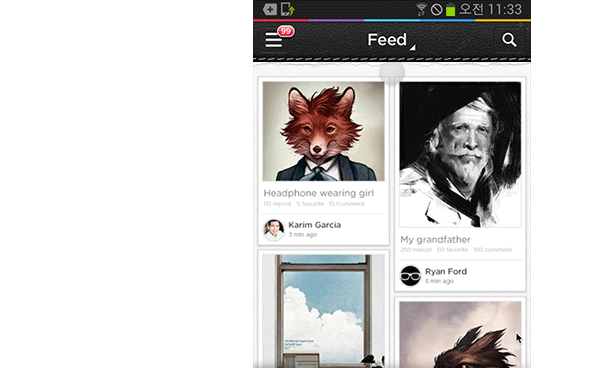 PENUP Samsung Galaxy Note app UI skeuomorphism redesign profile refresh feed android interaction social SNS gif
