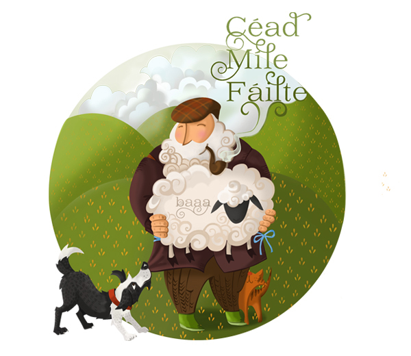 Ireland greeting card green fields home irish caricatures red head Aran Jumper sheep dog farmer cailin  wool weather Irish Saying