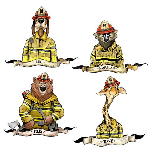 firefighters bear badger children's illustration children's book illustration fire engine giraffe dog animal illustrations