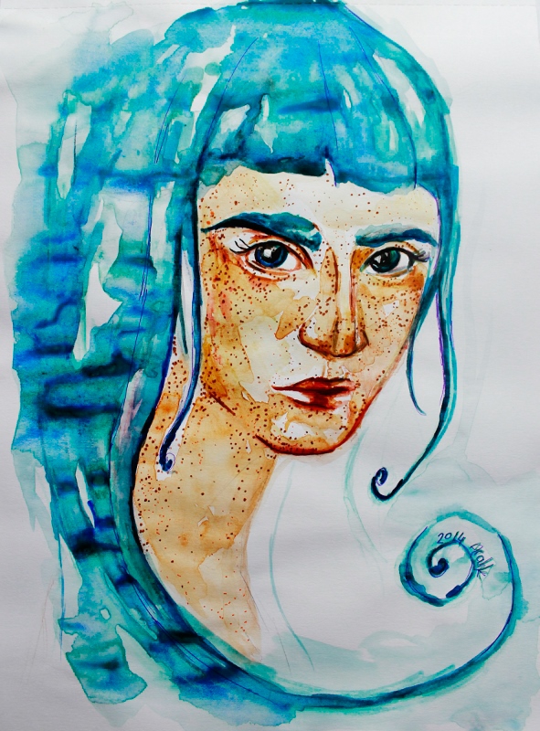 pastel art watercolour artwork suluboya blue women portrait