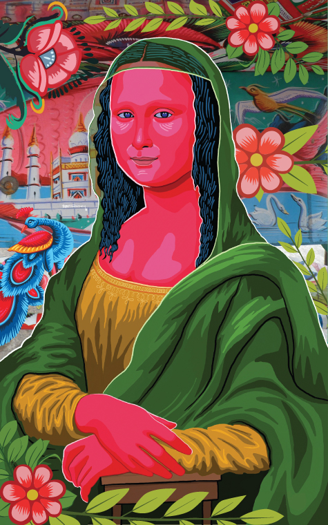 Graffit rickshaw painting monalisa monafisa vinchi work leonardo da vinchi bangladeshi culture trational art reproduction remake red monalisa bangladeshi monalisa book cover CG painting colourful monalisa