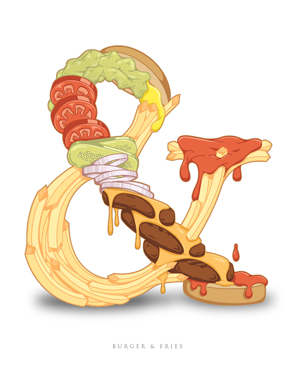 Apersand Food  Food Groups digital illustration Coffee Doughnuts bacon eggs Peanutbutter Jelly Burgers Fries Pizza beer Spaghetti Meatballs wine Cheese vector