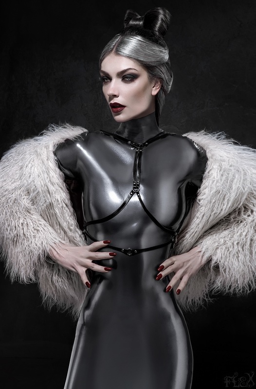 Obscurity belt dark fetish glamour gothic grayhair latex latexdress makeup silver smokyeyes
