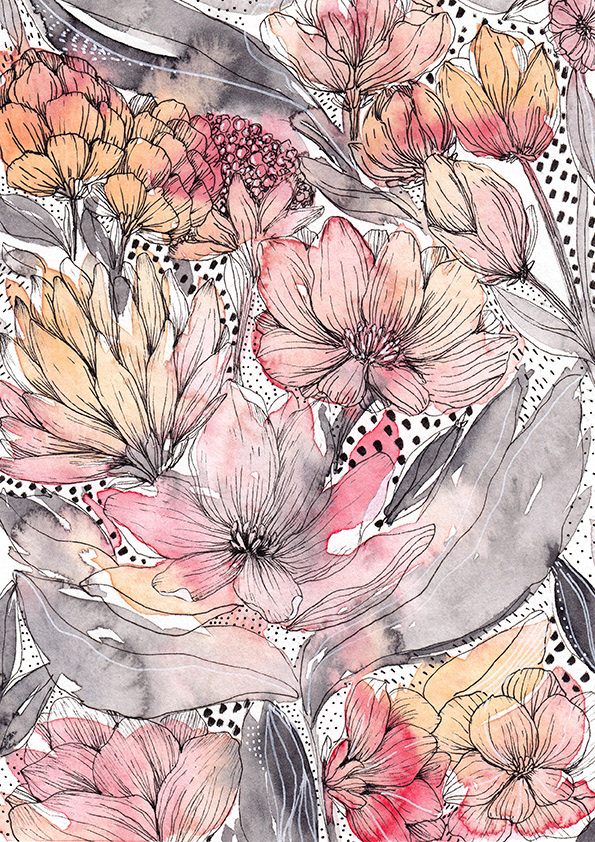 floral pattern Hand Painted ILLUSTRATION  ink work  mixed media modern painting pastel colors Stationery watercolor