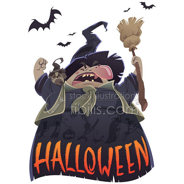 Halloween witch cartoon evil Broom trick Scary owl funny Spells Bats Isolated trick or treat trick or treating