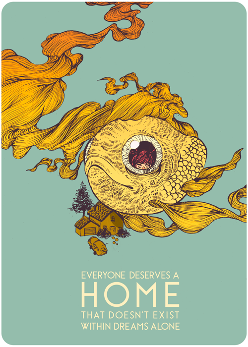 Drawing  home fish children homelessness poster mute ink digital
