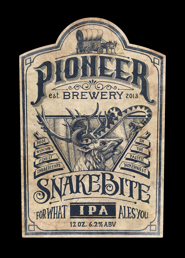 pioneer  brewery snakebite IPA beer Label hatching line art hand made