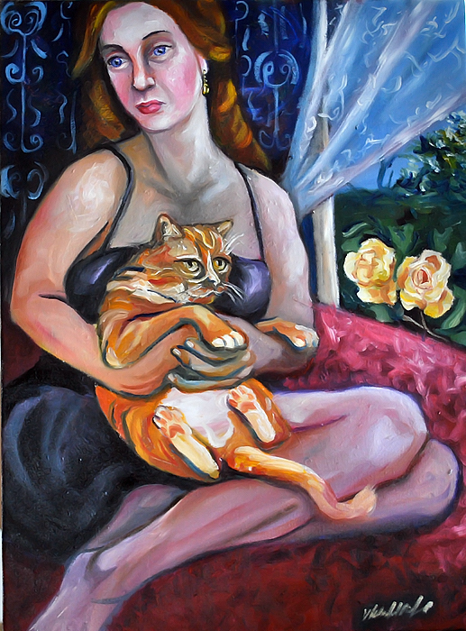 portrait woman orange Cat striped oil