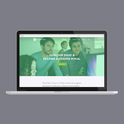 Dojo Dev Camp scrolling layout green coding Promotional Website DNA branding system